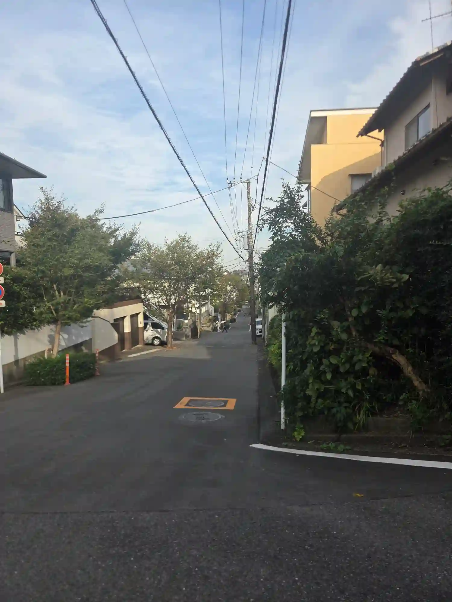 菊名駅周辺の住宅街を見下ろす坂道。下った先でまた上りになる、高低差のある街並み