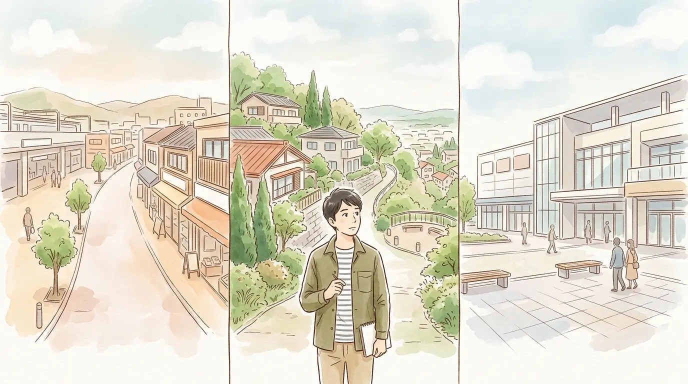 保土ヶ谷の駅前・高台・隣駅の3エリアを見比べて住む場所を選ぶ男性のイラスト