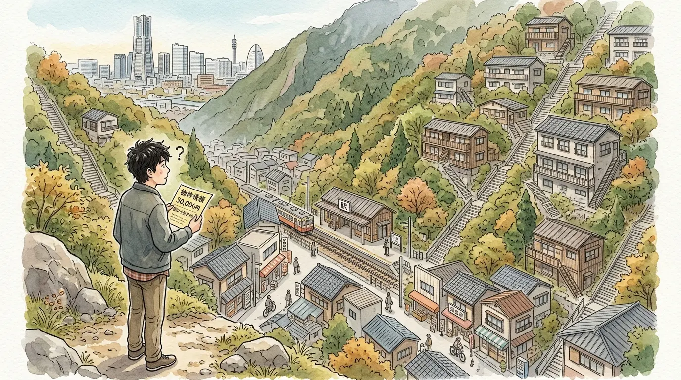 谷あいの保土ヶ谷駅周辺と坂の上の古いアパート、遠くに横浜のビル群が見えるイラスト。家賃が安い理由を示す