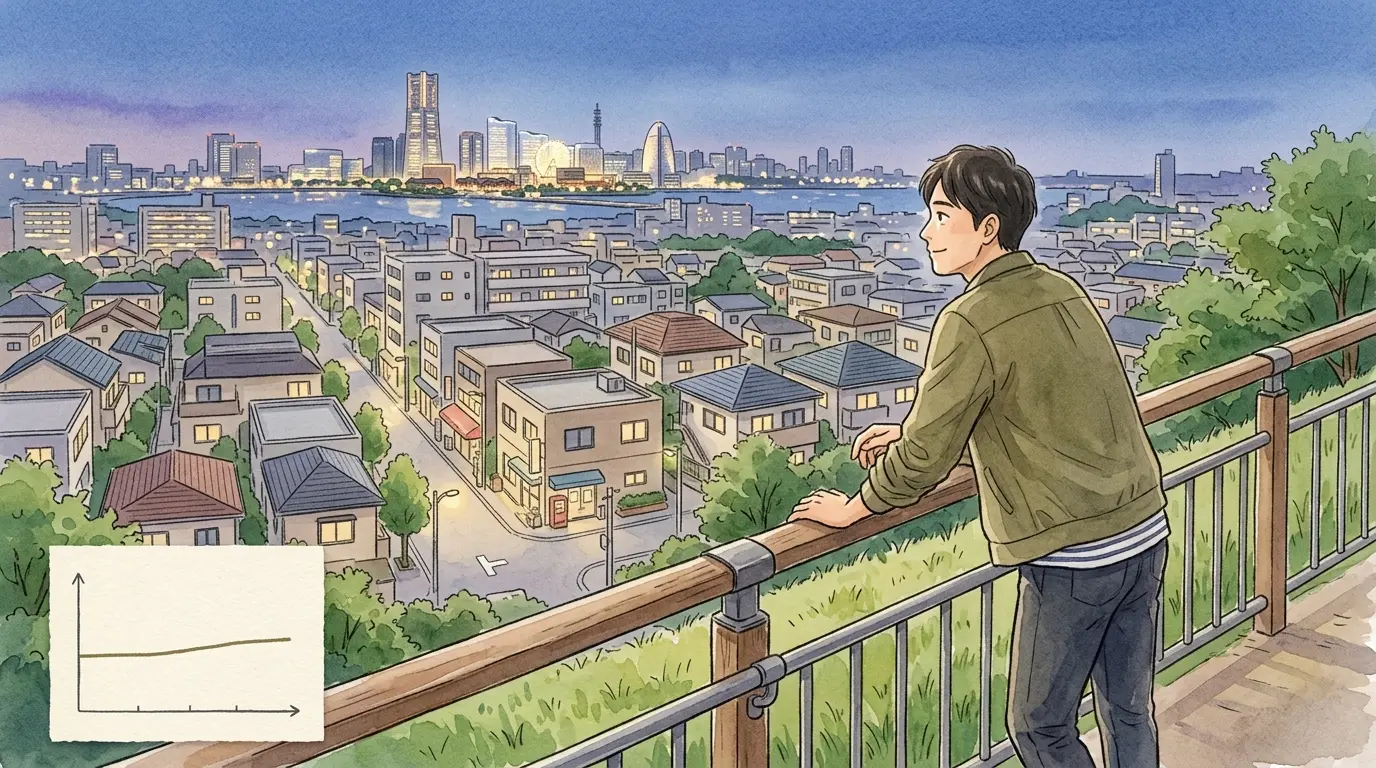 丘の上から落ち着いた保土ヶ谷の街と遠くの横浜を眺める男性のイラスト。家賃が急に上がりにくい将来性を表現