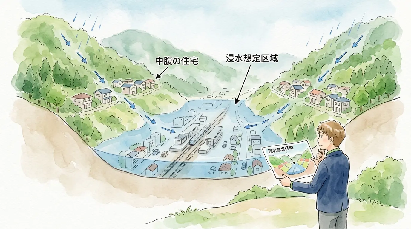 谷戸地形の断面図で、谷底の駅前低地に浸水想定が重なることを示した保土ヶ谷のハザードマップ解説イラスト