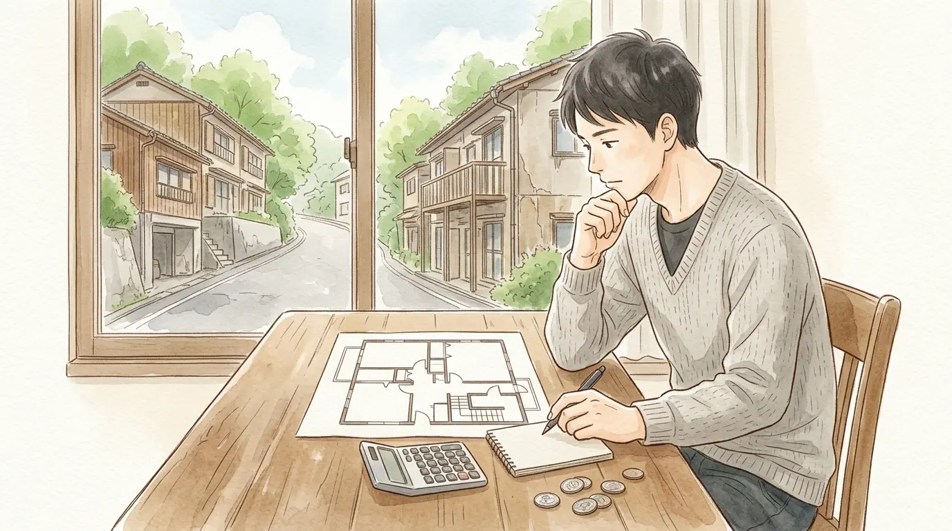 間取り図と電卓を前に保土ヶ谷の家賃を検討する男性のイラスト。窓の外に坂道と古いアパート