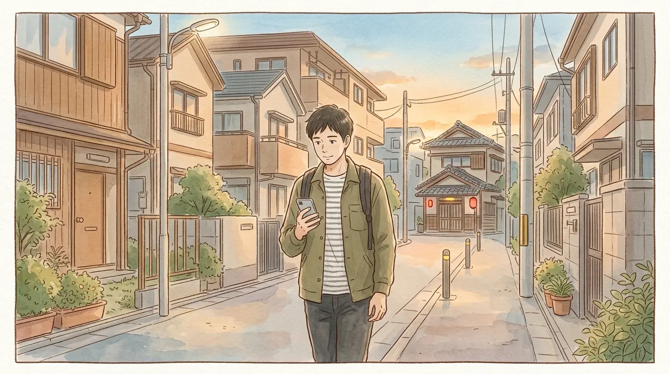 夕方の保土ヶ谷の住宅街をスマホ片手に歩く男性のイラスト。街灯と交番がある穏やかな通り