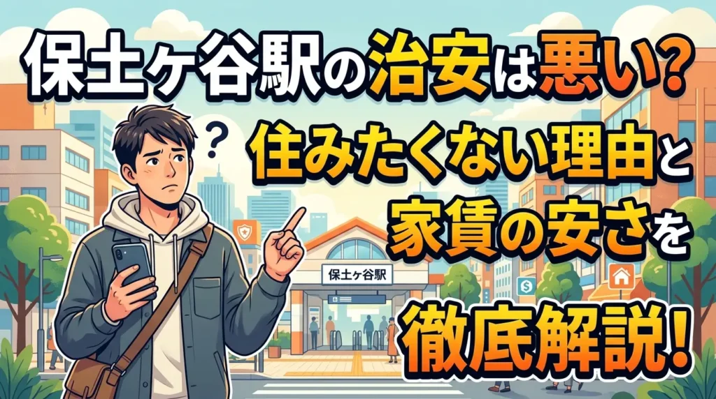 保土ヶ谷駅の治安は悪い？住みたくない理由と家賃の安さを解説する記事のアイキャッチ。駅前でスマホを見ながら悩む男性のイラスト
