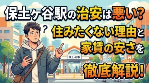 保土ヶ谷駅の治安は悪い?住みたくない理由と家賃の安さを解説する記事のアイキャッチ。駅前でスマホを見ながら悩む男性のイラスト