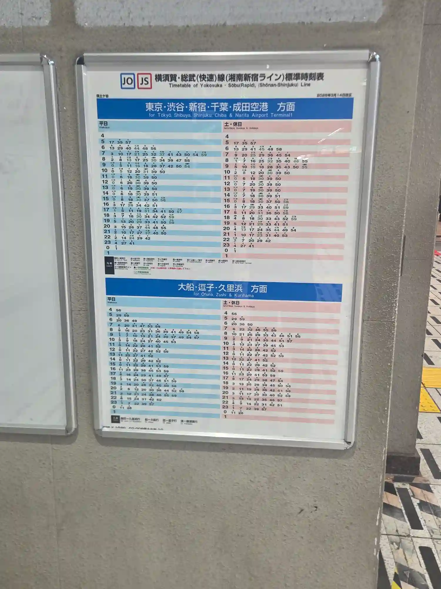 保土ヶ谷駅ホームの横須賀・総武快速線と湘南新宿ラインの時刻表。停車するのはこの2系統のみで、東海道線は停まらない