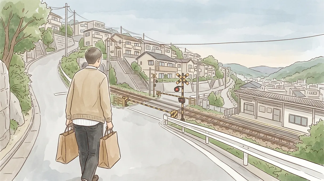 保土ヶ谷駅から丘の住宅街へ続く急な坂道を買い物袋を持って登る男性のイラスト