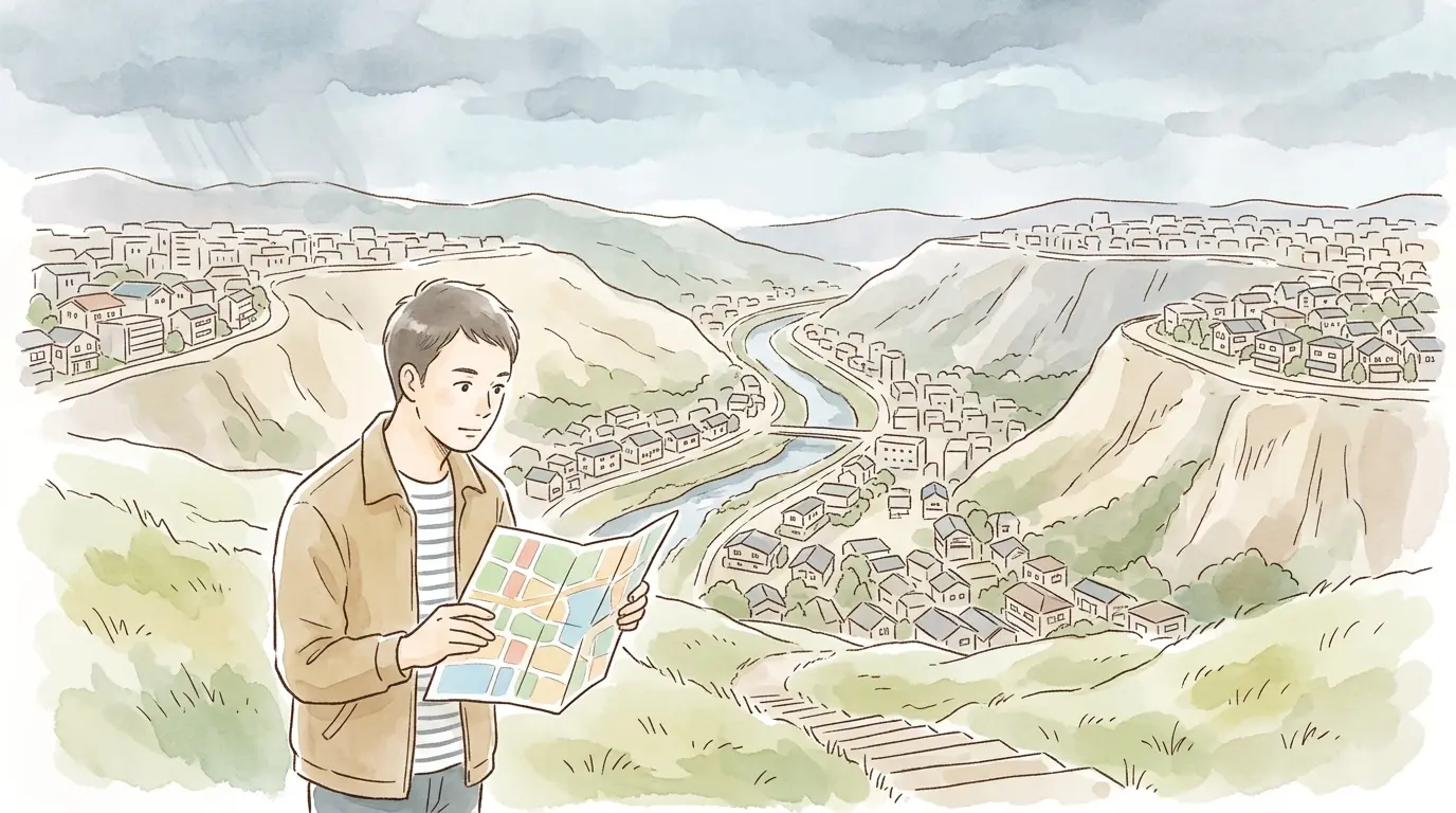 高台から川沿いの低地を地図と見比べる男性のイラスト。保土ヶ谷の谷戸地形がわかる俯瞰図