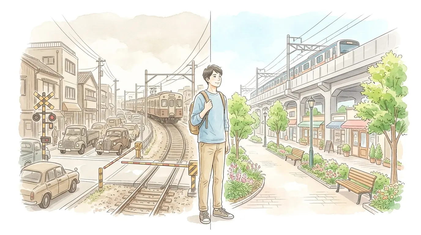 踏切のあった過去と高架化後の現在を左右で対比した星川駅前のイラスト。高架化による街の変化