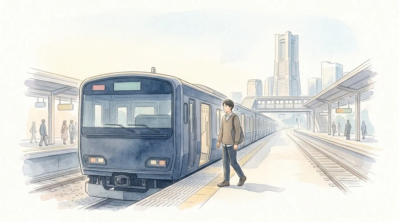 星川駅ホームの通勤電車と、遠くに見える横浜のビル群を描いたイラスト。横浜へのアクセスのイメージ