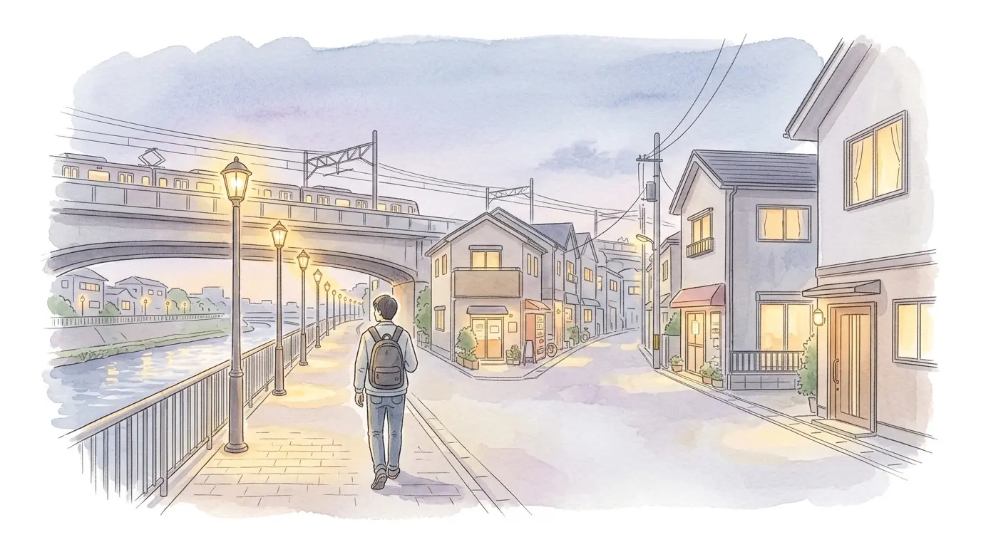 街灯に照らされた星川駅周辺の夜の帰り道を歩く男性のイラスト。治安・夜道の雰囲気を表現