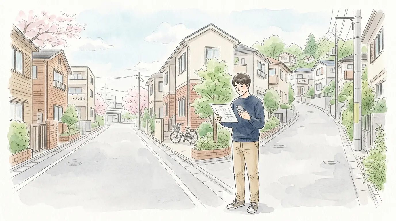 星川駅徒歩圏の賃貸マンションが並ぶ住宅街で、間取り図を見る男性のイラスト。家賃相場セクション用