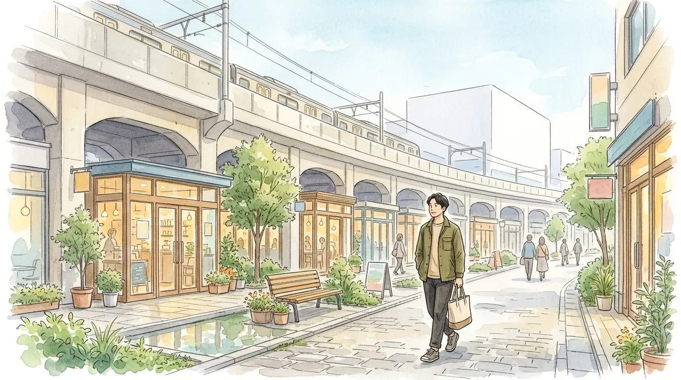 星川駅の高架下に並ぶ飲食店と、奥の大型スーパーを描いたイラスト。買い物環境のイメージ