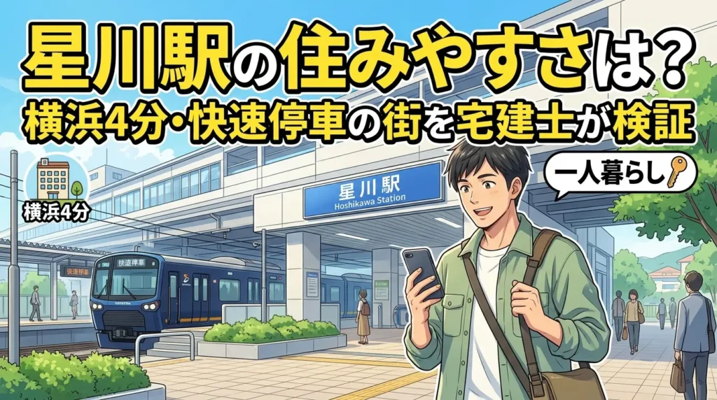 星川駅の住みやすさを解説する記事のアイキャッチ。高架化された相鉄線星川駅の駅前で、スマホで物件を探す一人暮らしの男性のイラスト。横浜駅まで快速4分