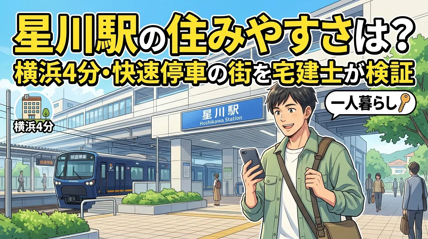 星川駅の住みやすさを解説する記事のアイキャッチ。高架化された相鉄線星川駅の駅前で、スマホで物件を探す一人暮らしの男性のイラスト。横浜駅まで快速4分