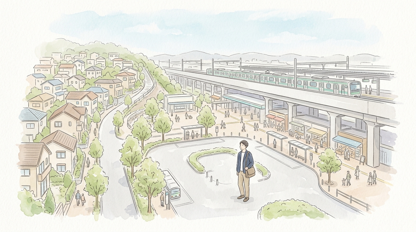 高架化された星川駅の駅前広場と住宅街を俯瞰したイラスト。駅前の整った雰囲気と住宅街の静けさを表現