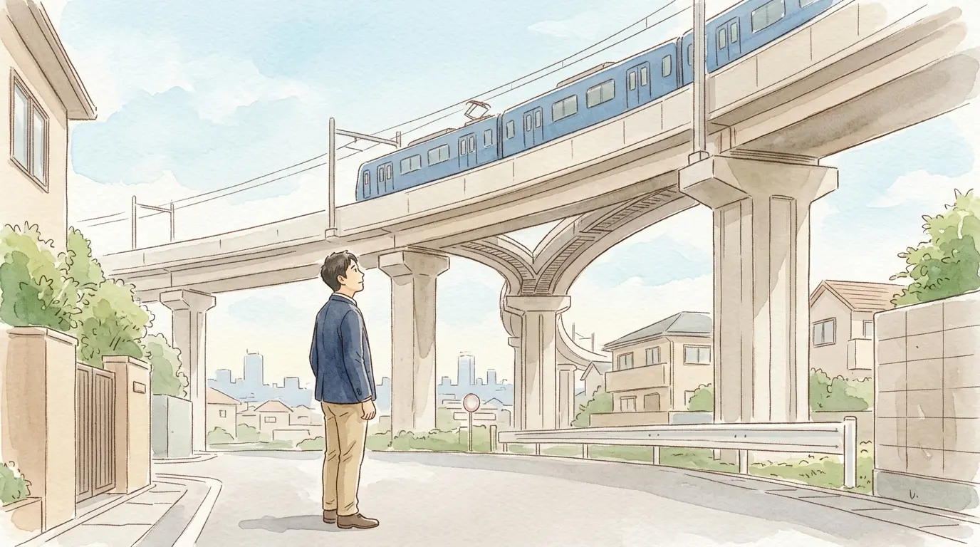 住宅街の高架を走る電車を見上げる男性の水彩イラスト。西谷駅から都心へ乗り換えなしで向かう相鉄直通線を表す見出し画像