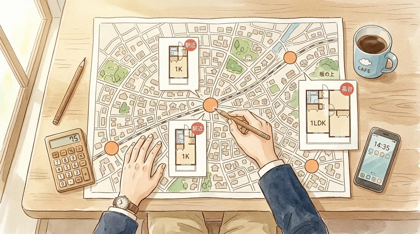 テーブルに広げた住宅街の地図と間取り図、電卓を見下ろす水彩イラスト。西谷と近隣駅の家賃相場を比べる場面を表す見出し画像