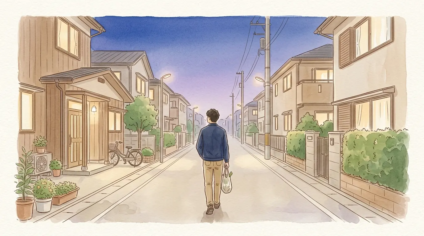 街灯の点いた静かな住宅街の夜道を歩く一人暮らしの男性の後ろ姿の水彩イラスト。西谷駅周辺の治安と夜道の確認を表す見出し画像