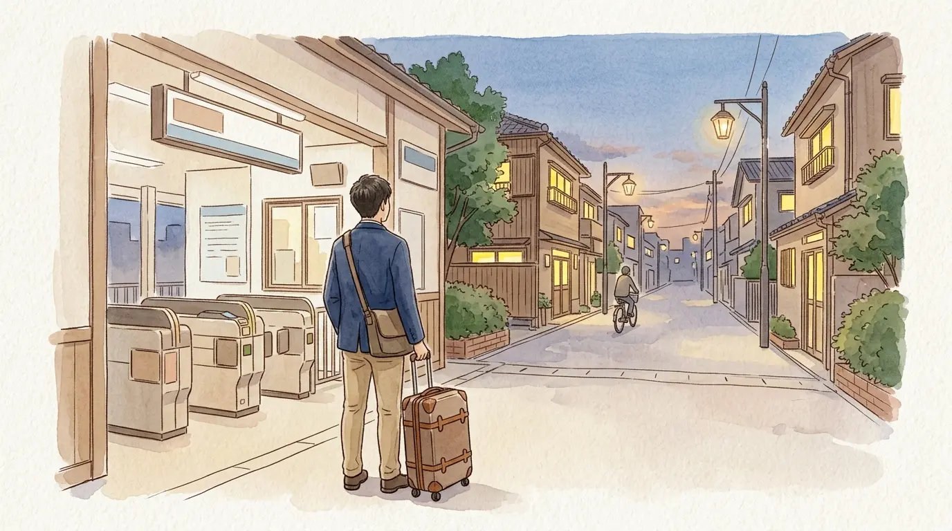 小さな駅の改札を出て静かな駅前通りを眺める一人暮らしの男性の後ろ姿の水彩イラスト。西谷が単身男性に向くかの結論を示す見出し画像
