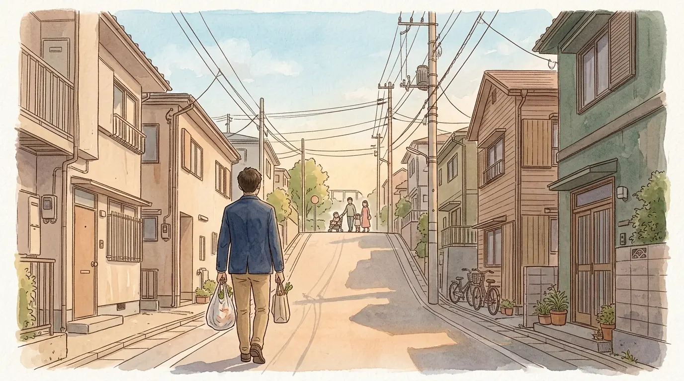 買い物袋を提げて住宅街の坂道を上る一人暮らしの男性の後ろ姿の水彩イラスト。西谷が住みたくないと言われる理由のうち単身者に関係する坂道を表す見出し画像