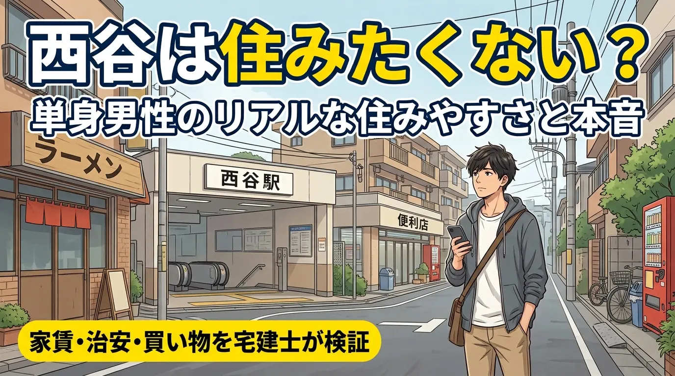 西谷は住みたくない?単身男性のリアルな住みやすさと本音|西谷駅前の通りでスマホを見ながら立ち止まる一人暮らしの男性のイラスト