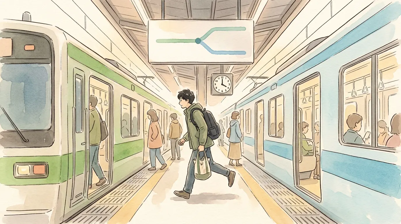 大口駅から横浜方面へ向かう際に東神奈川駅で乗り換える様子のイラスト。乗換1回で9分のアクセス