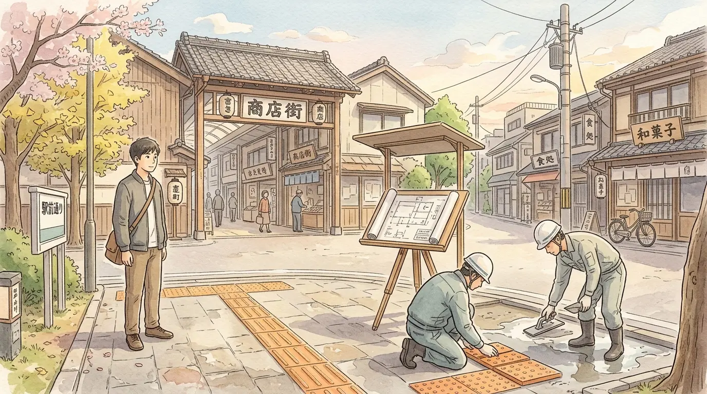 大口駅前で歩道のバリアフリー工事が行われ商店街はそのまま残る様子のイラスト。大規模再開発のない将来像