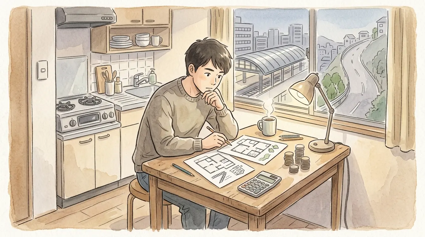 1Kの部屋で間取り図と電卓を見比べる男性のイラスト。大口駅の家賃相場と駅距離のトレードオフを表現