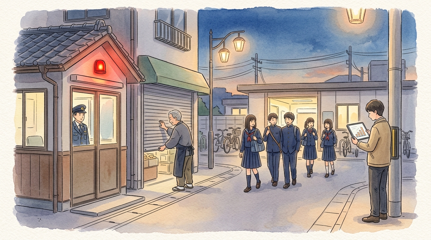 交番の明かりと街灯がともる大口駅周辺の夕方の通りを歩く学生や住民のイラスト。治安の体感を表現
