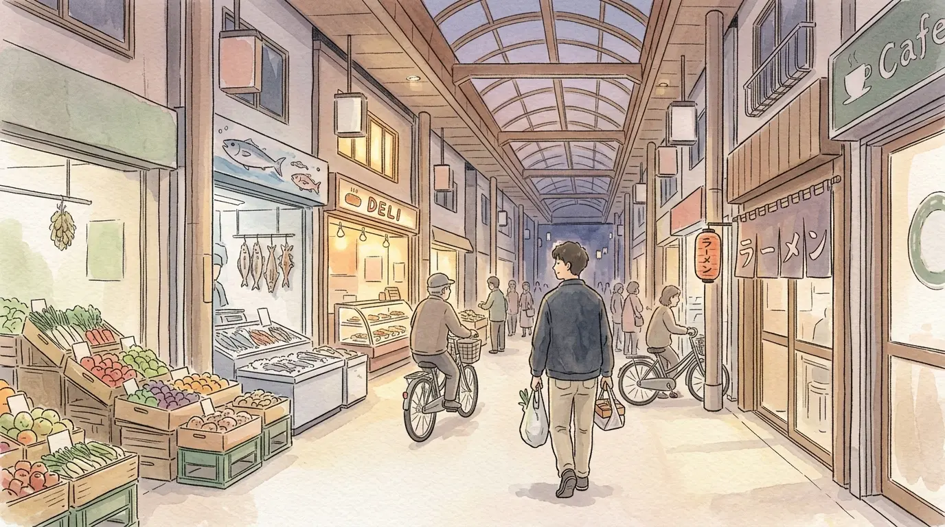 大口通商店街のアーケードで買い物袋を持って歩く若い男性のイラスト。一人暮らしの買い物環境