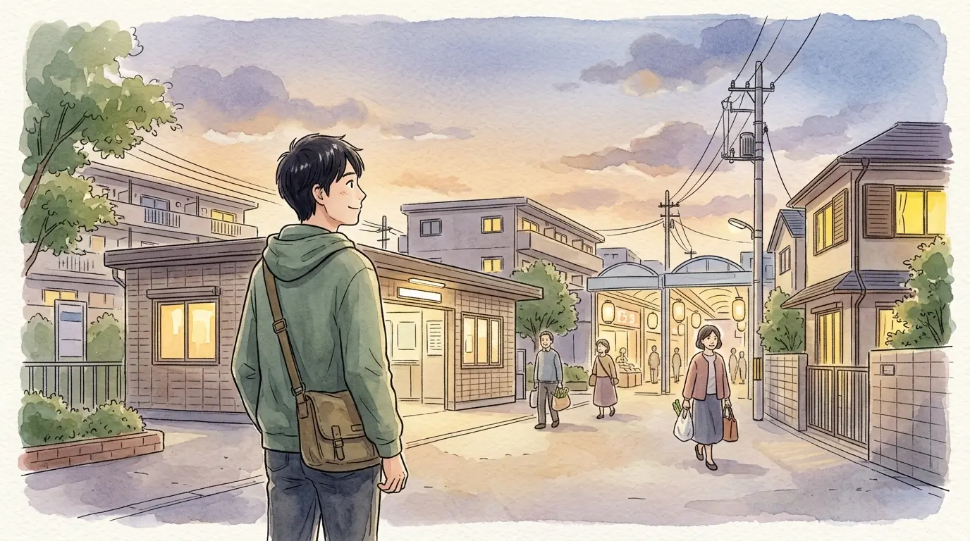 大口駅前の夕暮れの広場に立つ若い男性のイラスト。派手さはないが落ち着いて暮らせる街の雰囲気