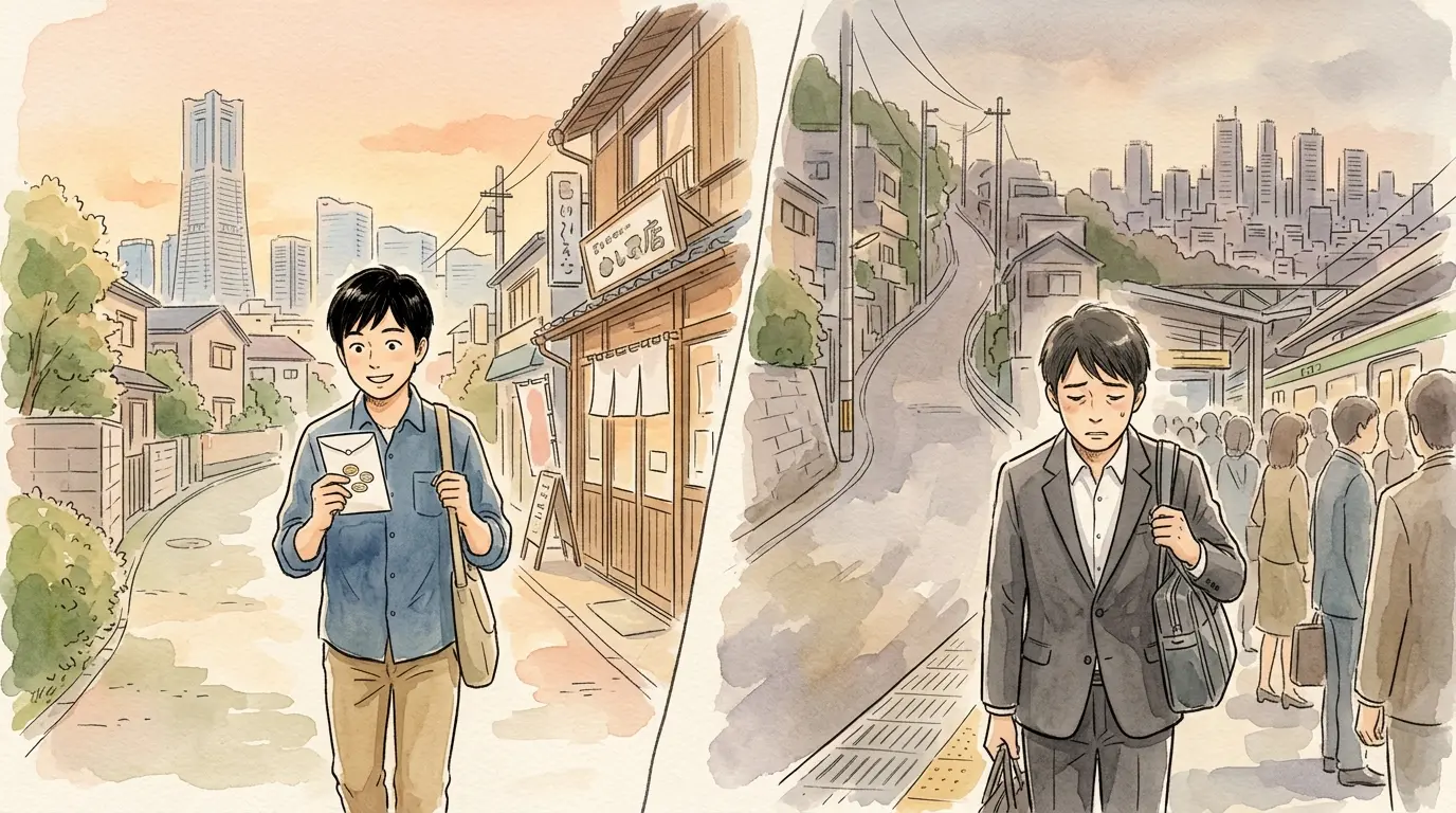 大口駅が向いている人と向いていない人を左右で対比したイラスト。横浜勤務の単身者と都心通勤者