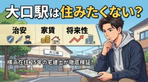 大口駅は住みたくない?治安・家賃・将来性を横浜在住25年の宅建士が検証した記事のアイキャッチ。駅前でタブレットを見る男性のイラスト