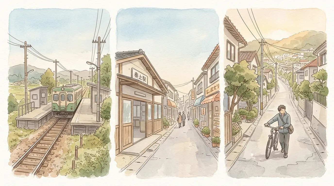 大口駅が住みたくないと言われる3つの理由を表した3分割イラスト。単独路線・地味な駅前・坂道