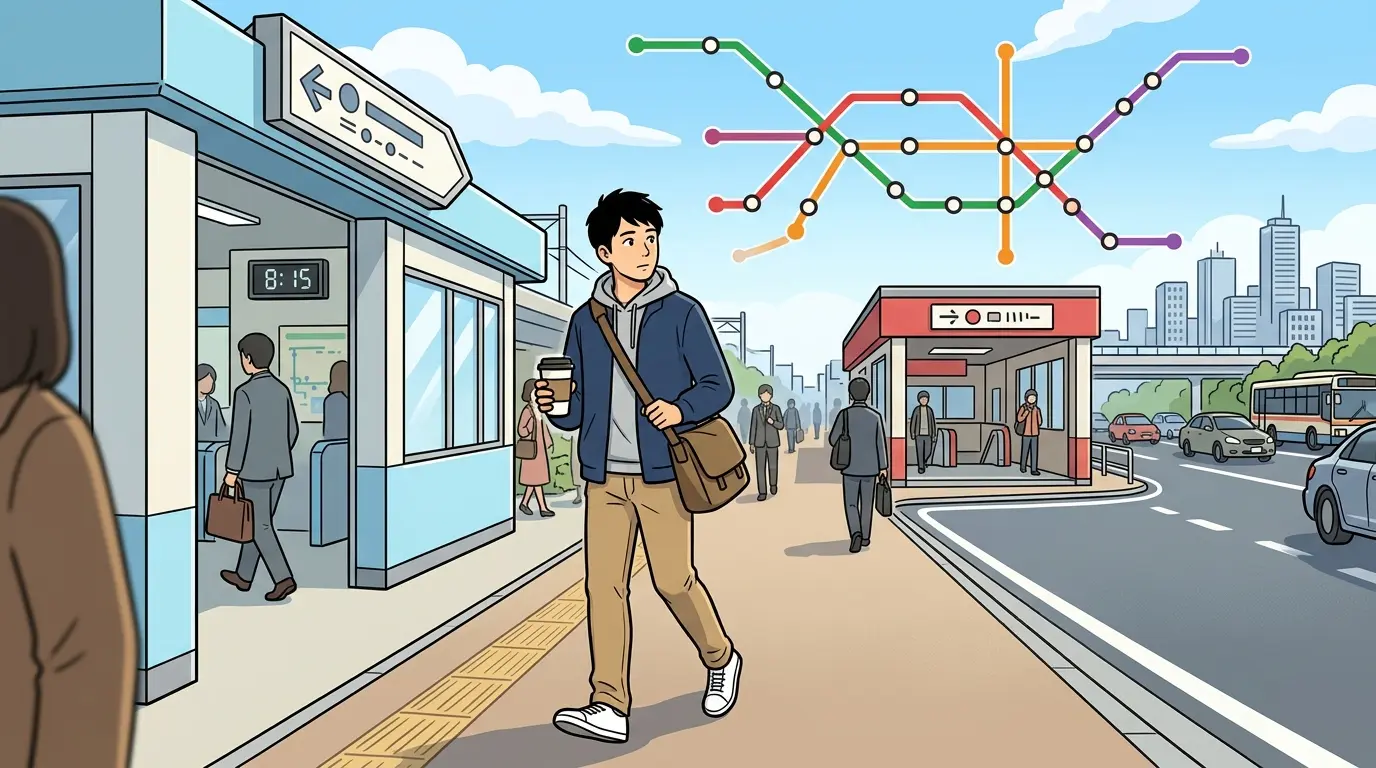 新子安駅から通勤する20代男性のイラスト。JRと京急の2つの駅入口が徒歩数分で並ぶ