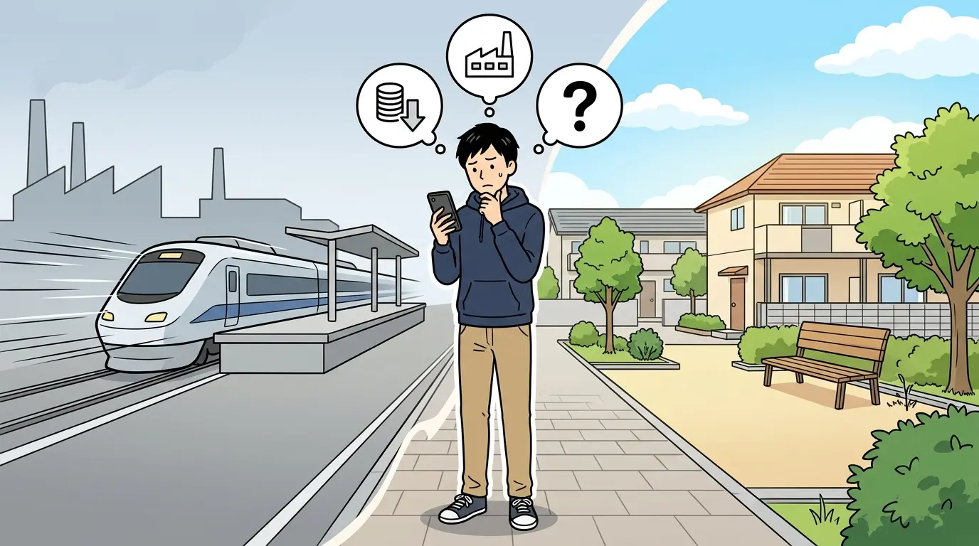 新子安の家賃が安い理由を調べる20代男性のイラスト。工場や速達列車の噂と、実際の静かな住宅街を左右で対比
