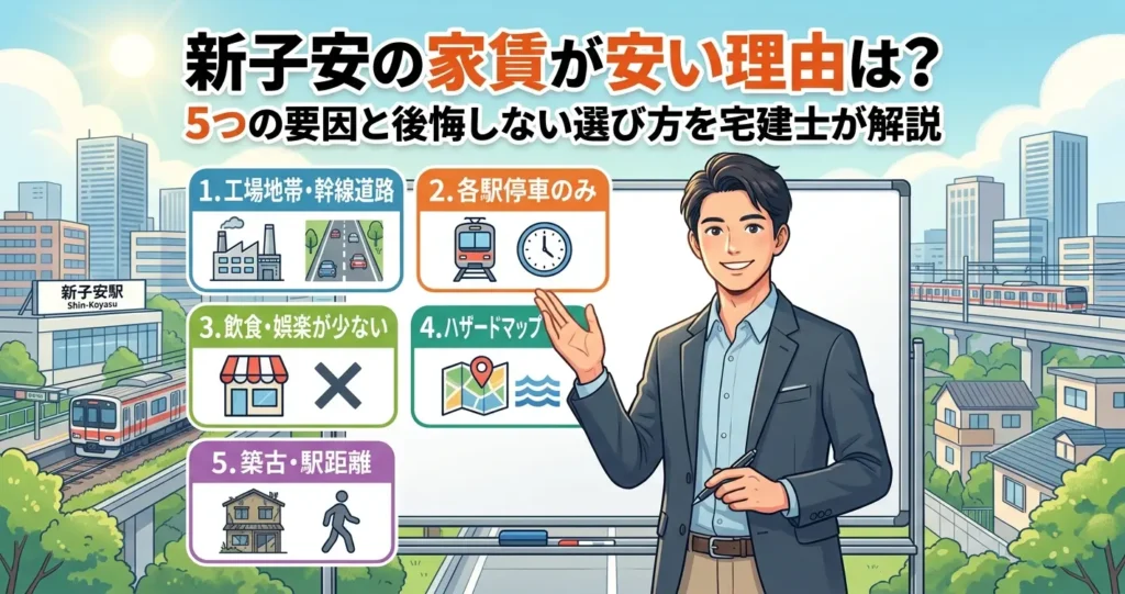 新子安の家賃が安い5つの理由（工場地帯・各駅停車のみ・飲食娯楽が少ない・ハザードマップ・築古と駅距離）を宅建士が解説する記事のアイキャッチ画像