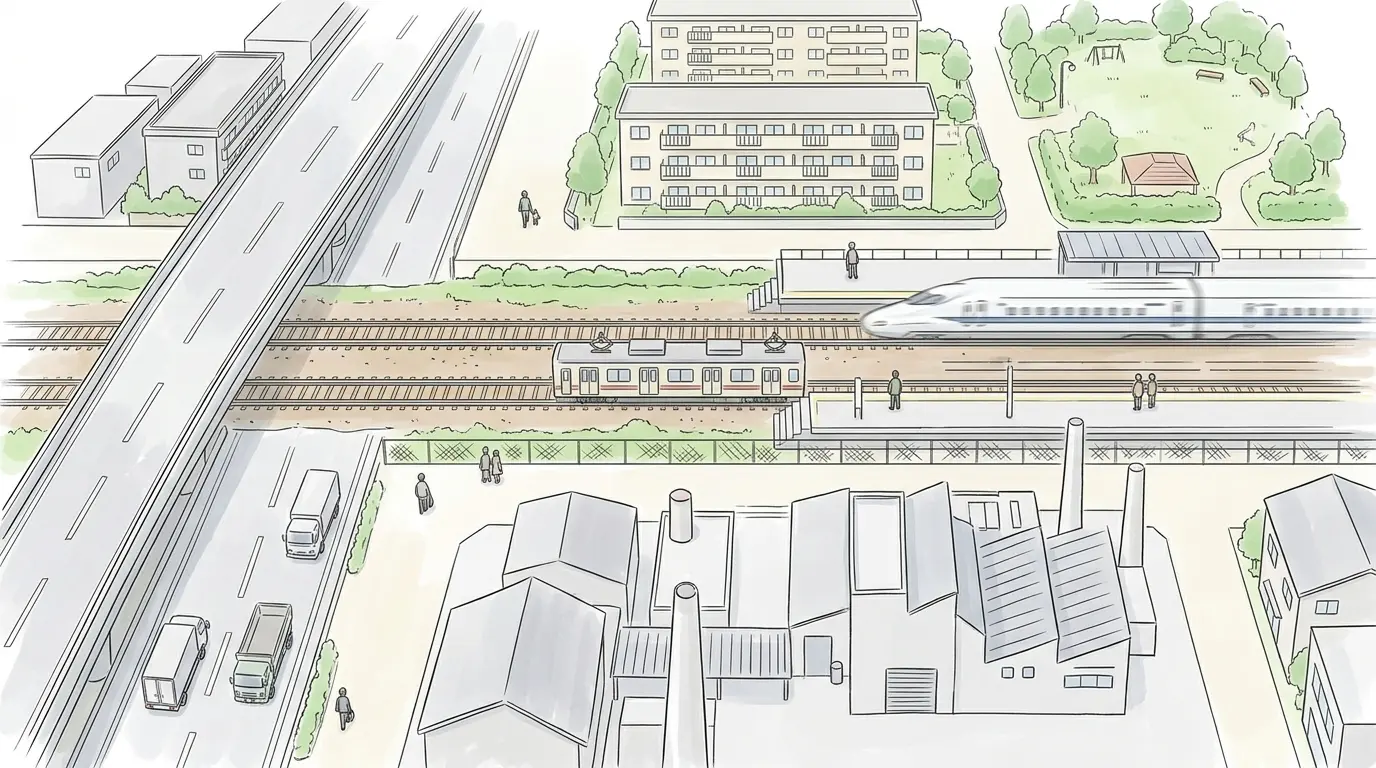 新子安の家賃が安い理由を描いたイラスト。線路の南側に幹線道路・高速道路・工場地帯が広がり、各駅停車のみが止まる駅