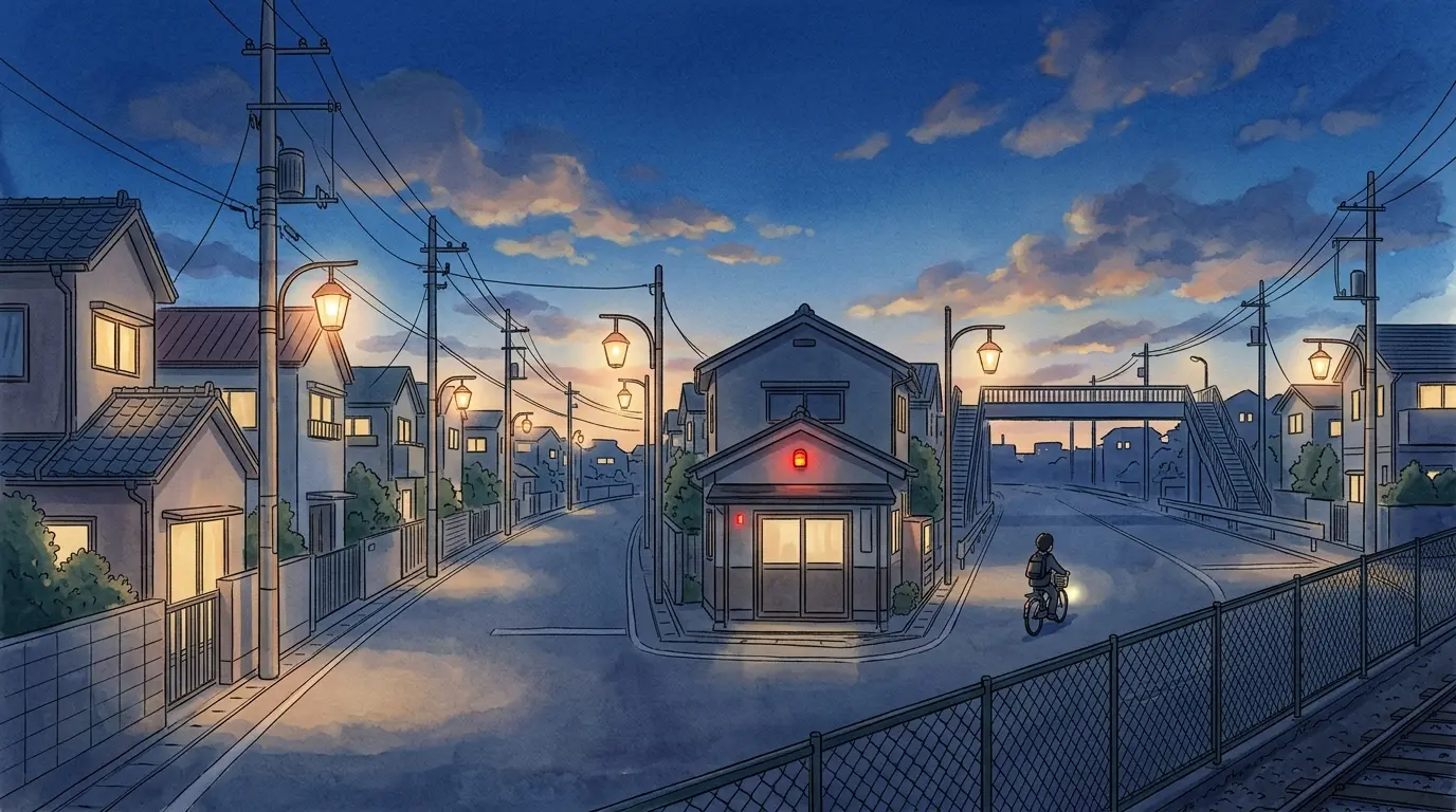 街灯が灯る新子安の夜の住宅街と線路沿いの道を描いた水彩イラスト。治安をデータと夜道の確認で検証する見出し用