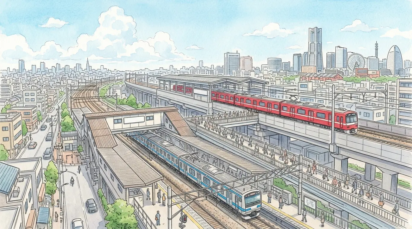 JRの地上駅と京急の高架駅が隣り合い、横浜方面と都心方面へ電車が走る新子安の水彩イラスト。交通アクセスの良さを表す