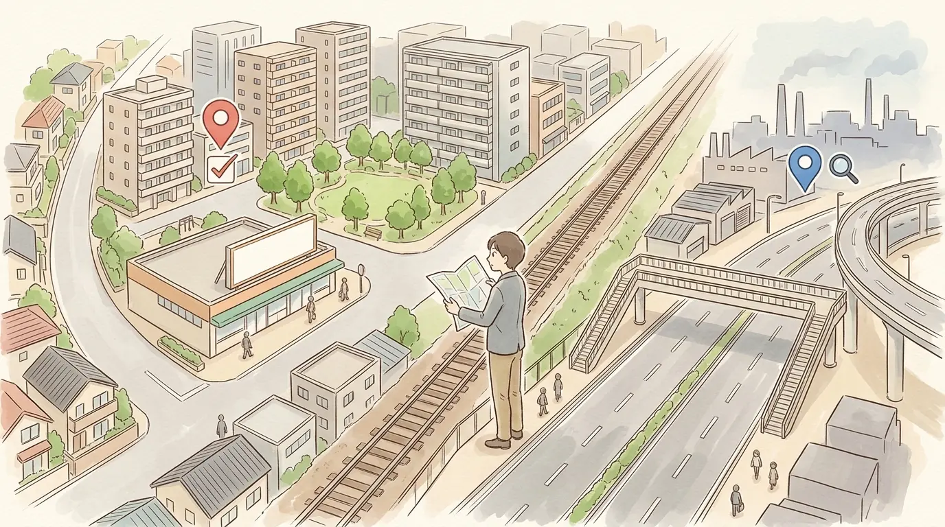 新子安駅の北西側(再開発マンションと公園)と南側(幹線道路と工場)を線路で分けた街歩き地図風イラスト。物件選びの住み分け