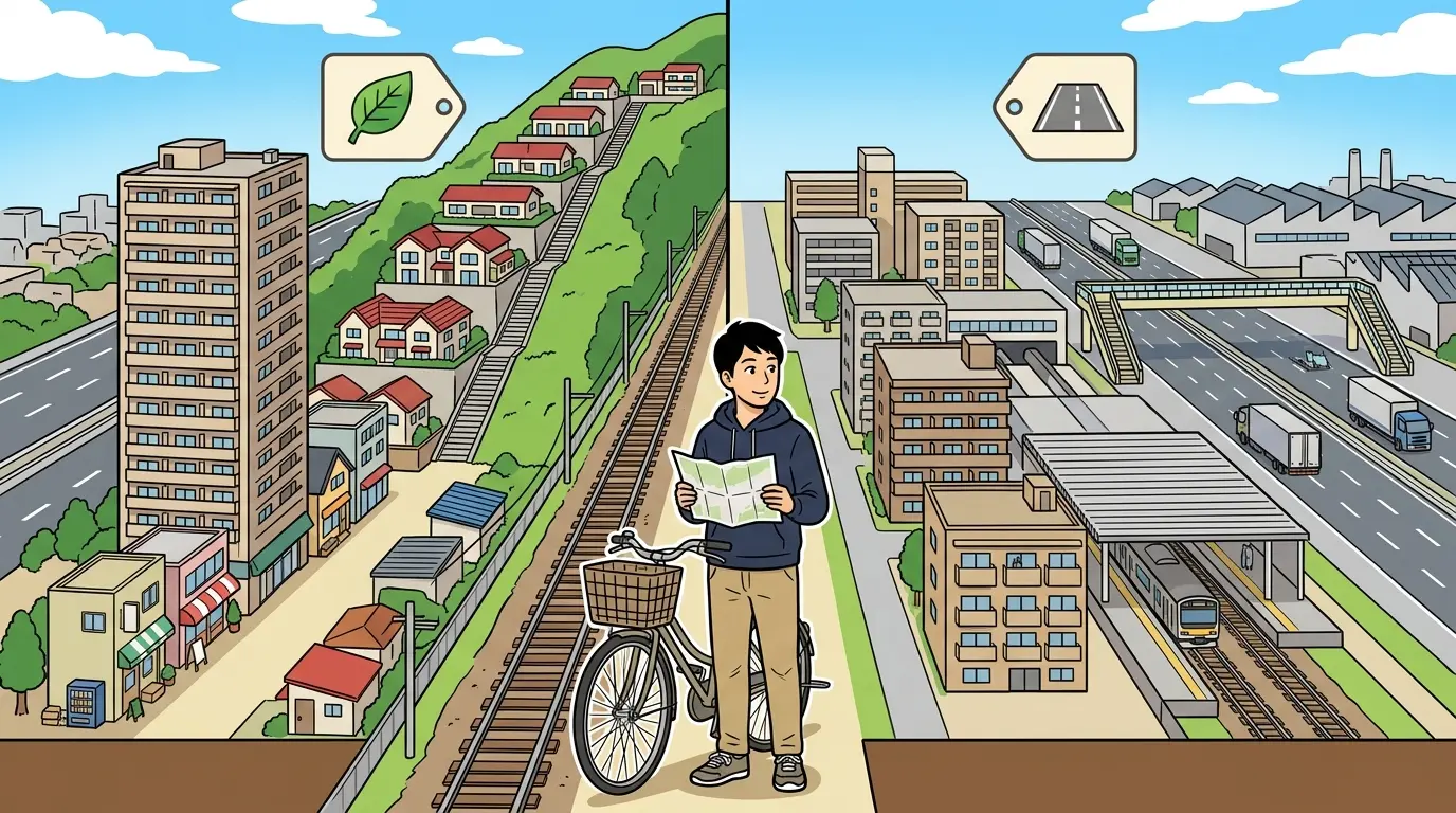 新子安駅の北西側と南側を比べて部屋探しをする20代男性のイラスト。北西側は高層住宅と坂、南側は平坦な国道沿い