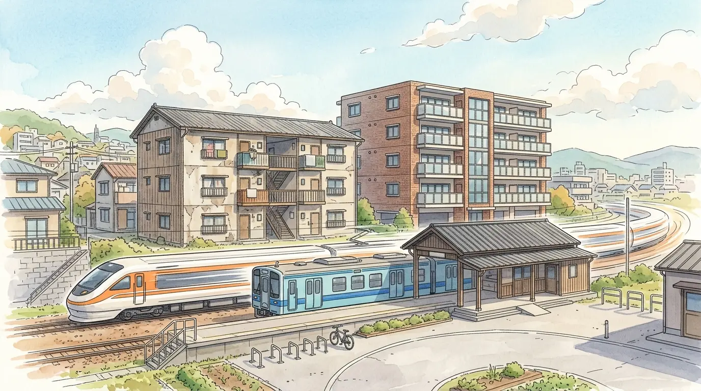 各駅停車のみ止まる新子安駅と、通過する速達列車、築古アパートと新築マンションが並ぶ街並みの水彩イラスト。家賃が安い理由を表す