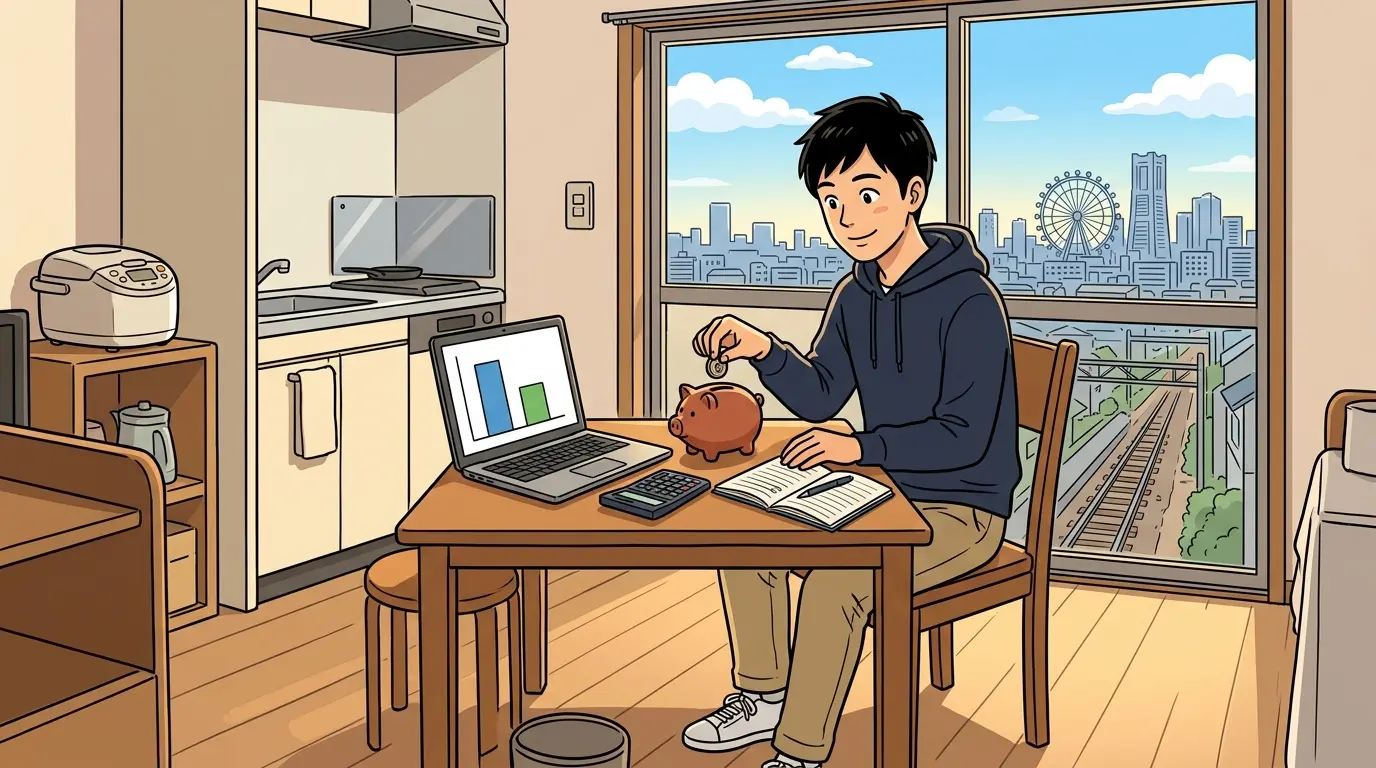 新子安と横浜駅周辺の家賃差を計算し、浮いた分を貯金する20代男性のイラスト