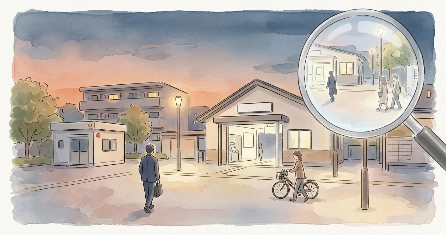 夕方の新子安駅前を虫眼鏡で検証するイラスト。繁華街がなく街灯のある静かな住宅街で、治安は横浜市平均並み