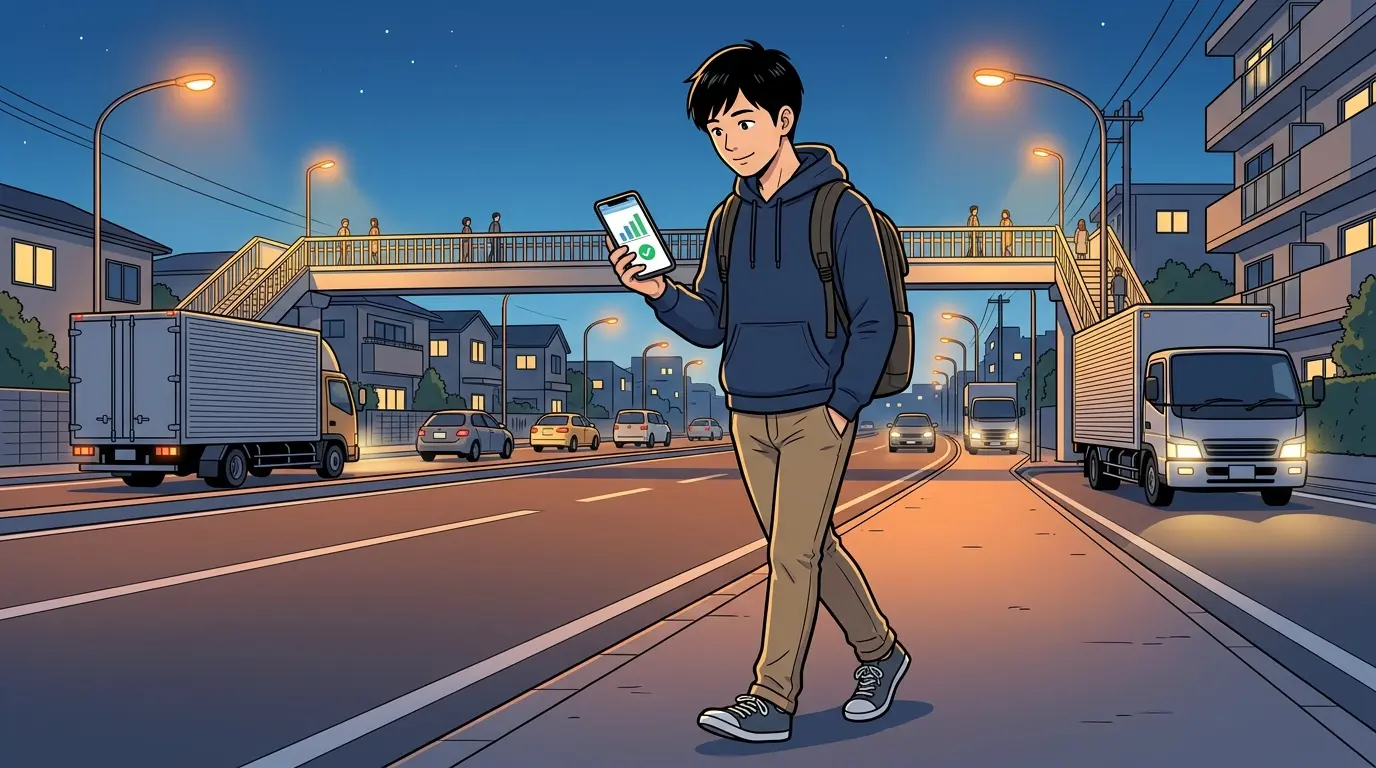 新子安の治安を表すイラスト。夜の国道沿いを安心して帰宅する一人暮らしの20代男性と歩道橋
