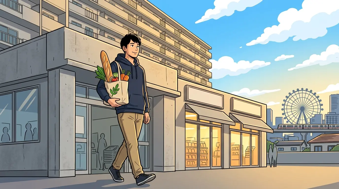 新子安のスーパーで買い物を済ませた自炊派の20代男性のイラスト。遠景に横浜の街並み
