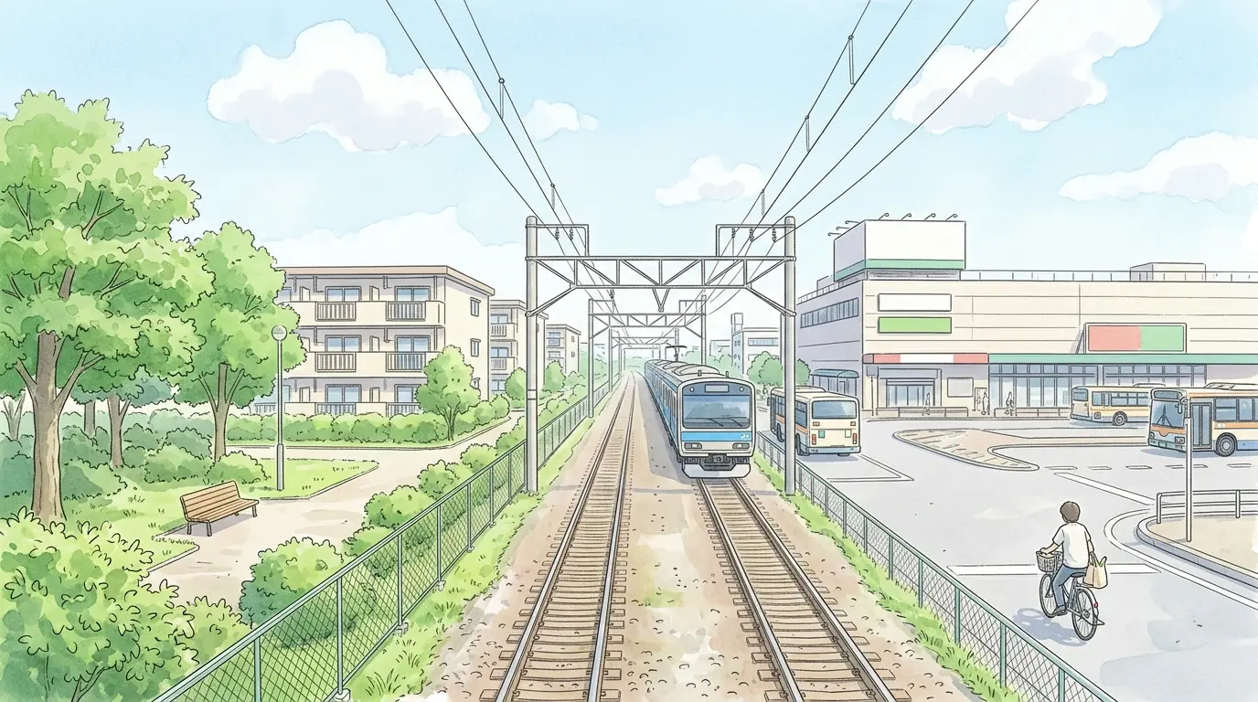 線路の北西側の静かな住宅街と駅前の買い物環境を対比した新子安の水彩イラスト。どんな人に向いているかを表す見出し用
