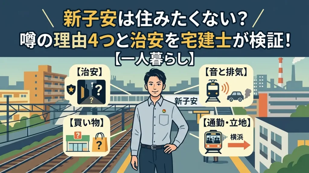 新子安は住みたくない？工場・国道・治安・買い物の噂4つを宅建士が検証するアイキャッチ。新子安駅前に立つ男性と検証項目のイラスト